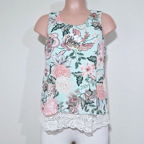 Chenault Tops - Chenault Sleeveless Blouse Tank Top Green Multicolor Floral Lace